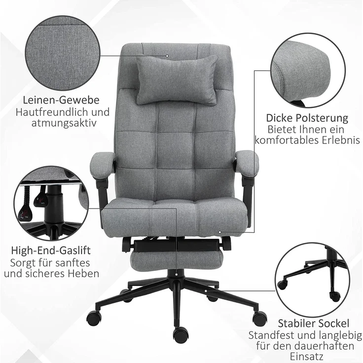 Vinsetto Bürostuhl mit Kopfkissen Armlehne Schreibtischstuhl mit Neigungswinkel Höhenverstellbarer Drehstuhl mit Fußstütze Leinen Schaumstoff PVC Hellgrau 66 x 70 x 116-124 cm – Bild 7