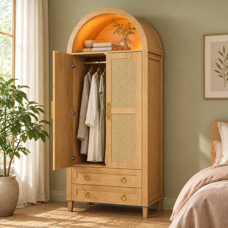 Kleiderschrank 76 x 50 x 184 cm in Natur mit Rattan-Dekor und App-gesteuerter LED-Beleuchtung – Bild 3