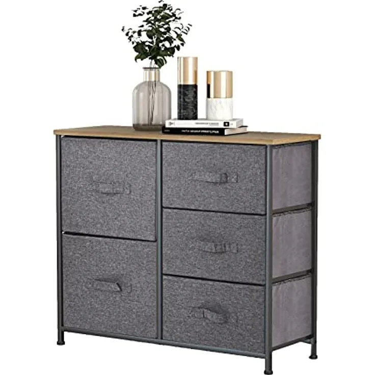 Mondeer Kommode, Kommode Schmal, Schrank mit 5 Groß Schubladen, Stoff Schubladenschrank, Kleideraufbewahrung, Aufbewahrung Schrank, 85x30x70cm, Stabiler Metallrahmen, Grau