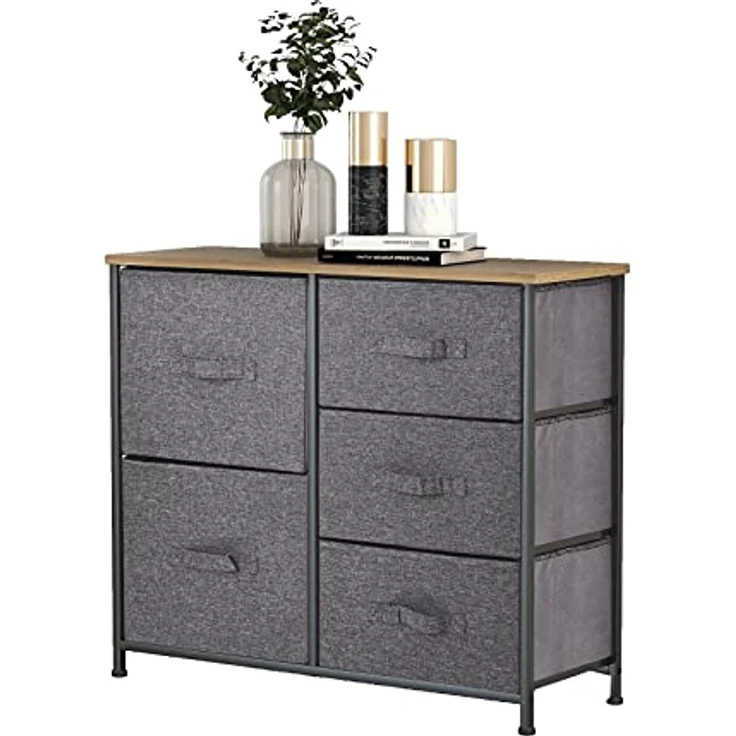 Mondeer Kommode, Kommode Schmal, Schrank mit 5 Groß Schubladen, Stoff Schubladenschrank, Kleideraufbewahrung, Aufbewahrung Schrank, 85x30x70cm, Stabiler Metallrahmen, Grau – Bild 1