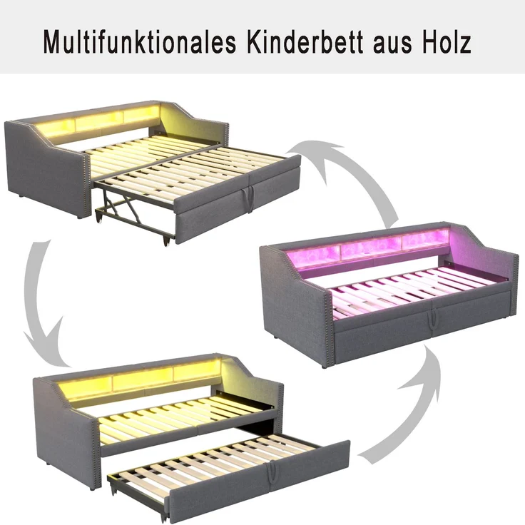 Ausziehbares Schlafsofa 90/180×200 cm mit seitlichen Ablagefächern, USB-Anschluss, Leinenbezug & Lattenrost,Polsterbett,Dunkelgrau – Bild 5