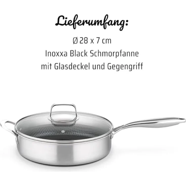 GSW Schmorpfanne Inoxxa Black Ø 28 cm, Edelstahl, Dreischicht-Material, Antihaft-Versiegelung, Wabenstruktur, Induktion – Bild 7