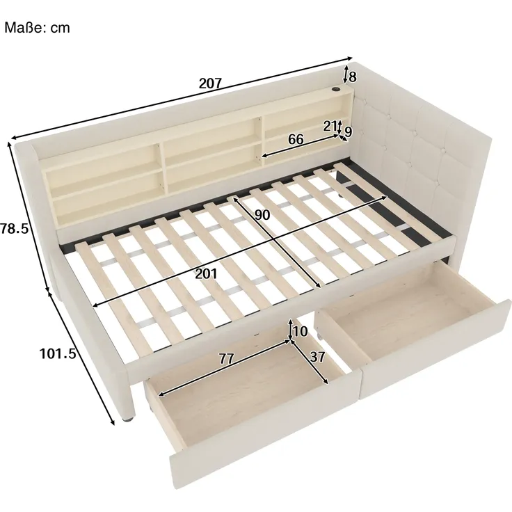Stauraumbett mit Schubladen, Lattenrost, Regal, USB und Type-C Anschluss, 90x200 cm, Einzelbett, Polsterbett, Leinen – Bild 3