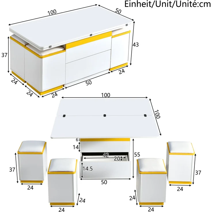 EINHOM Moderner Weiß Hochglanz-Couchtisch, Stilvoller Beistelltisch, Multifunktionaler, Höhenverstellbarer Couchtisch, Klappbarer Esstisch/Wohnzimmermöbel, 100 x 50 x 43 cm (L x B x H) – Bild 2