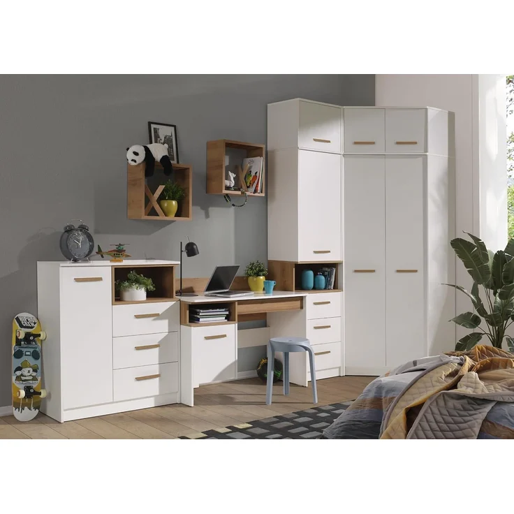 Marmex Möbel Grant 08N Eckkleiderschrank mit Kleiderstangen und Einlegeböden, laminierte Spanplatte, weiß, 91x195x91 cm – Bild 7
