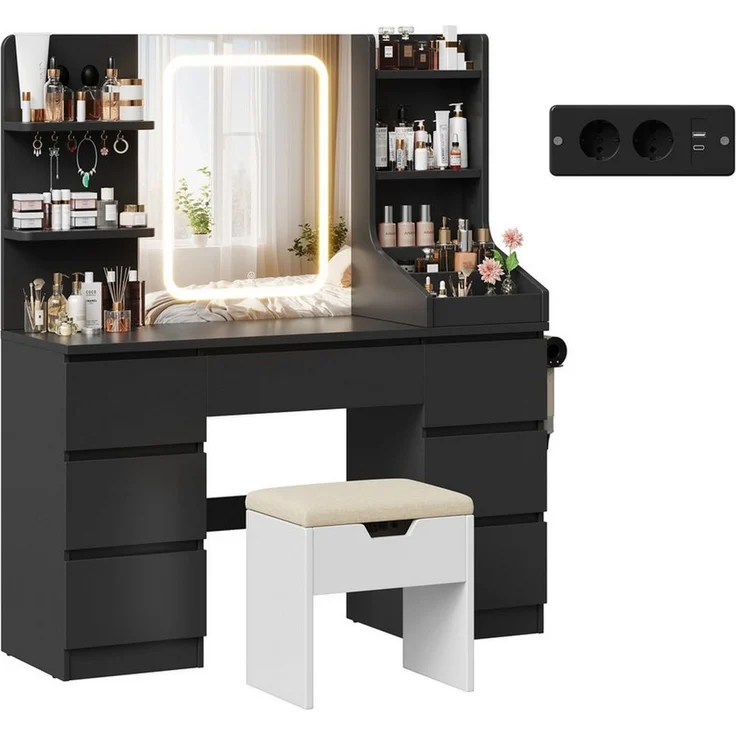 HOMALL Schminktisch Spiegel mit LED-Beleuchtung, 7 Schubladen (Maße: 110 × 40 × 139 cm, drei einstellbare Farbtemperaturen, mit 8 offenen Ablagefächern, 6 Schmuckhaken, 2 Steckdosen, 1 USB-Anschluss, 1 Typ-C-Anschluss und einer Haartrocknerhalterung) – Bild 2