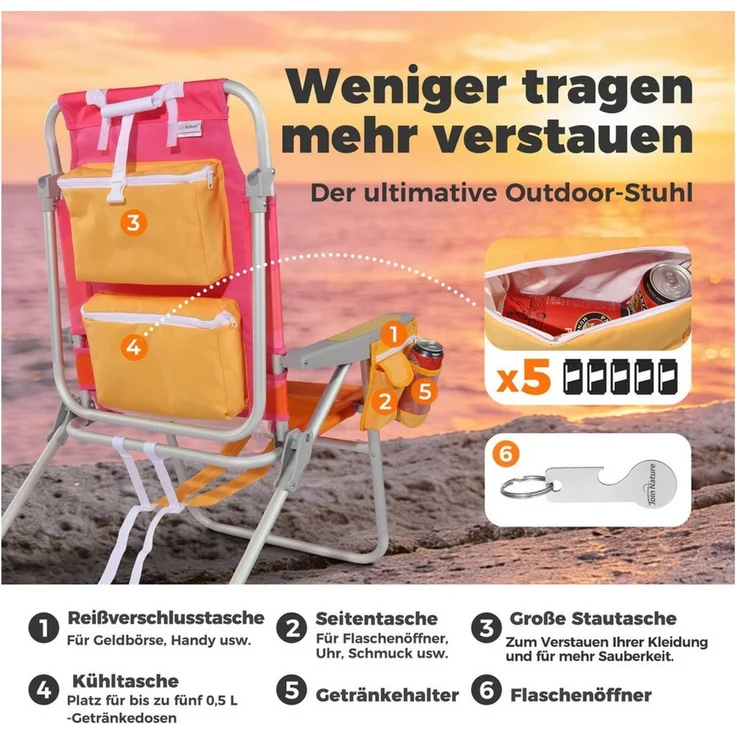 HOMECALL Klappstuhl Strandstuhl Leicht Klappbar Camping, 5-fach verstellbare Rückenlehne (Bis150KG Aluminiumrahmen, groBe Kuhitasche und Aufbewahrungstasche, 1 St), Seitentaschen, Kopfstütze, Schultergurten, Handtuchhalter – Bild 4