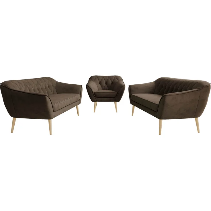 Wohnzimmerset, Möbelset PIRS 3-3-1, Armlehnen, Wellenfederung, Buche Füße, Dreisitzer Sofas mit Sessel, Polstermöbel Set - Braun Velvet – Bild 7