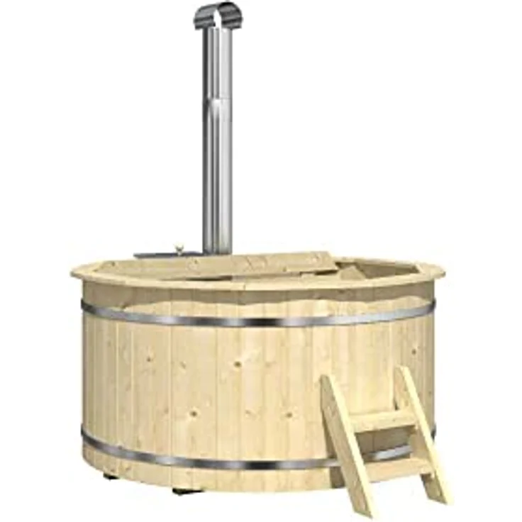 Finntherm Holz Badefass Bergen, Hot Tub Ø 160 x 101 cm, Edelstahl-Ofen 22 kW, für 3-4 Personen, inklusive Einstiegsleiter und schnell aufstellbarem Bausatz – Bild 2