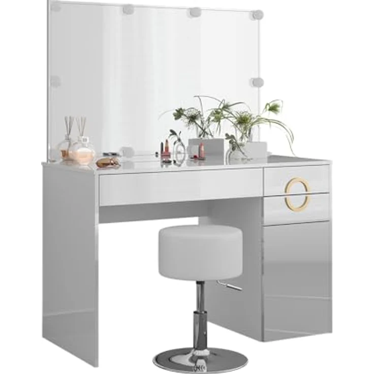 Vicco Schminktisch Adela, Weiß Hochglanz, mit Spiegel, LED-Lichterkette, 3 Fächern und 2 Schubladen, 115x76.4x55 cm – Bild 7