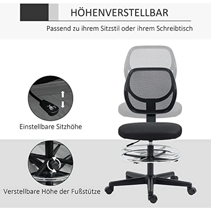 Vinsetto Bürostuhl, ergonomischer Drehstuhl aus schwarzem Textil, höhenverstellbar, mit atmungsaktivem Netzgewebe, 61x113x59 cm – Bild 4