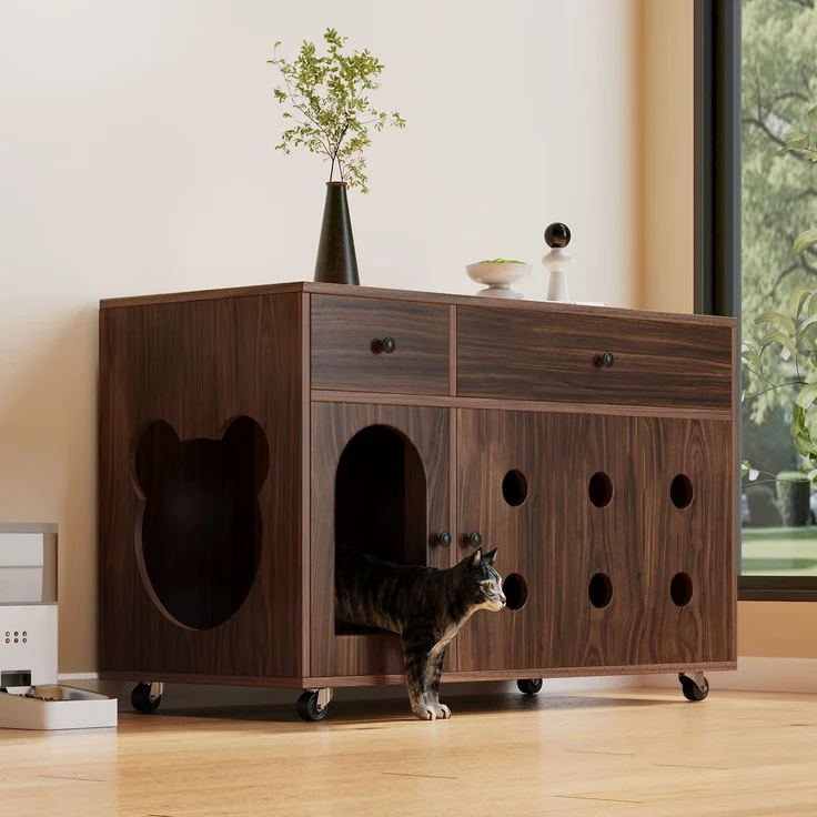 Katzenstreukasten-Schrank mit Sandfangplatte, Doppel-Schubladen, Lüftungslöchern, leise Rollen,verstecktes Katzenklo,Walnuss – Bild 4