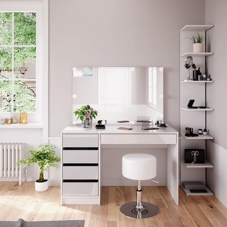 Schminktisch Sherry Weiß 4 Teile, mit Aufbewahrungsregal, Spiegel, Hocker, LED Vicco