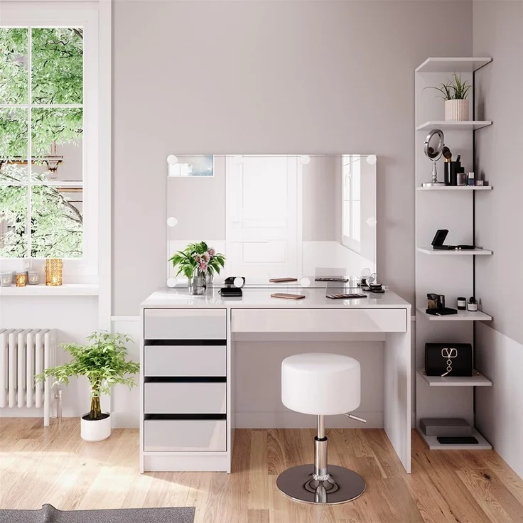 Schminktisch Sherry Weiß 4 Teile, mit Aufbewahrungsregal, Spiegel, Hocker, LED Vicco – Bild 1