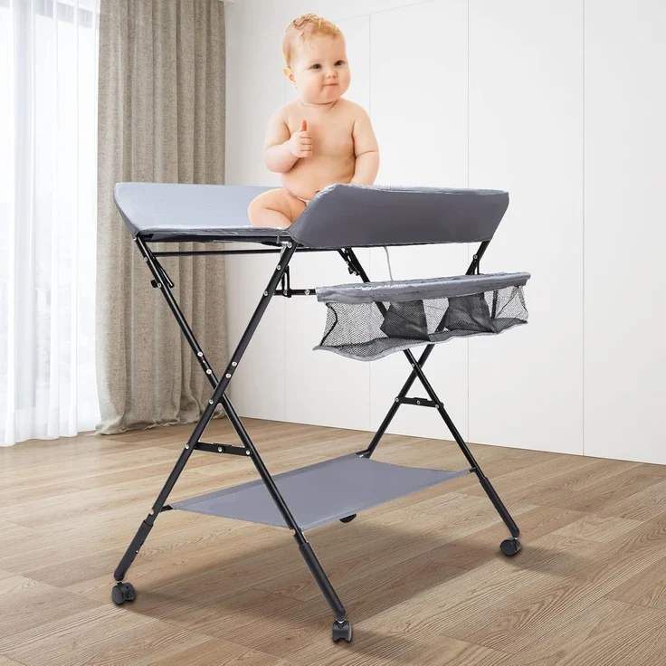 QIERF Klappbarer Wickeltisch Baby Wickelkommode Mobiler Wickelregal Höhenverstellbar, 25kg Tragfähigkeit für 0-12 Monate, Wechseln von Windeln, Wechselkleidung, Lagerung, Grau – Bild 8