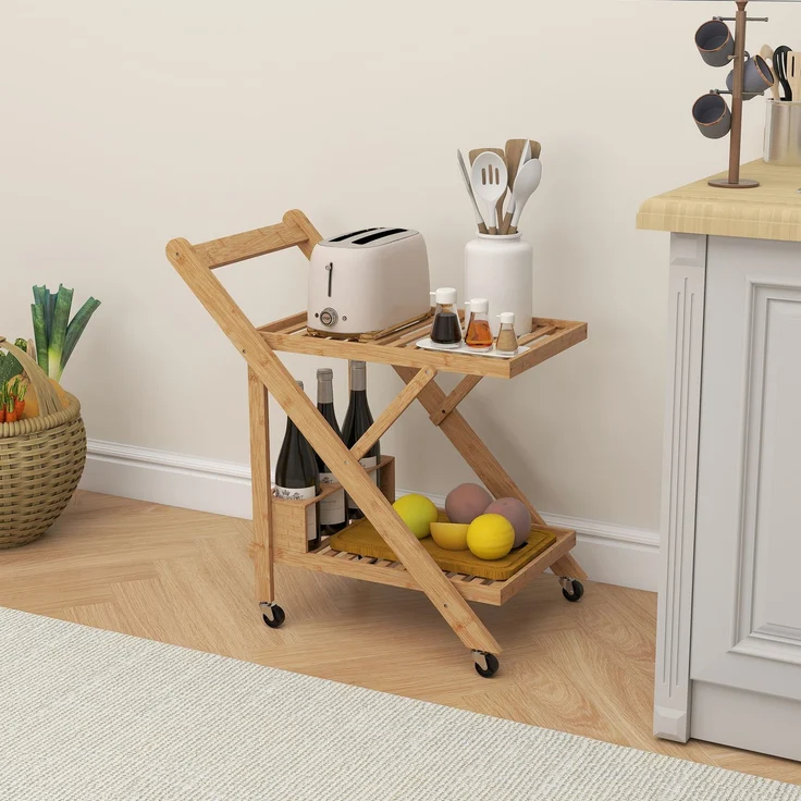 Küchenwagen auf Rädern, Servierwagen mit 3 Weinregalen, 2 Tabletts, für Küche, Esszimmer, Bambusholz, Hellbraun--Naturholz--70x40x66cm--YOUDENOVA – Bild 4