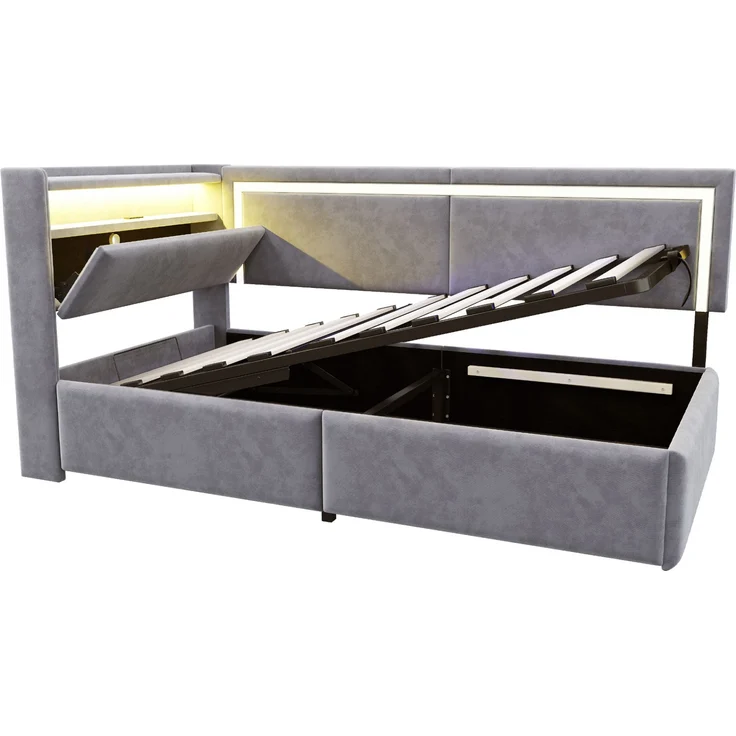Schlafsofa, Samt mit LED & USB-Anschluss, Stauraum, 90x200 cm, Hellgrau, ohne Matratze – Bild 8