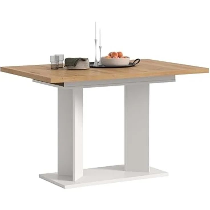 xonox. home – Esstisch Gustav 120-160x76x80 cm in Artisan Eiche Nachbildung und Weiß – Ausziehbarer Küchentisch mit Doppelsäule – variabel anpassbar, ummantelte Kanten & inklusive Aufbauanleitung
