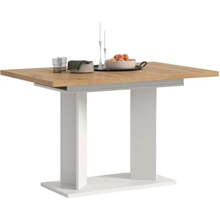 xonox. home – Esstisch Gustav 120-160x76x80 cm in Artisan Eiche Nachbildung und Weiß – Ausziehbarer Küchentisch mit Doppelsäule – variabel anpassbar, ummantelte Kanten & inklusive Aufbauanleitung – Bild 1