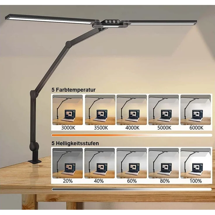 Jibenhome LED Schreibtischlampe LED Tischlampe Architektenlampe Doppelkopf Dimmbar,mit Klemme, Schwenkarm Schreibtischlampen,5 Farbtemperaturen,Ultra Bright – Bild 2
