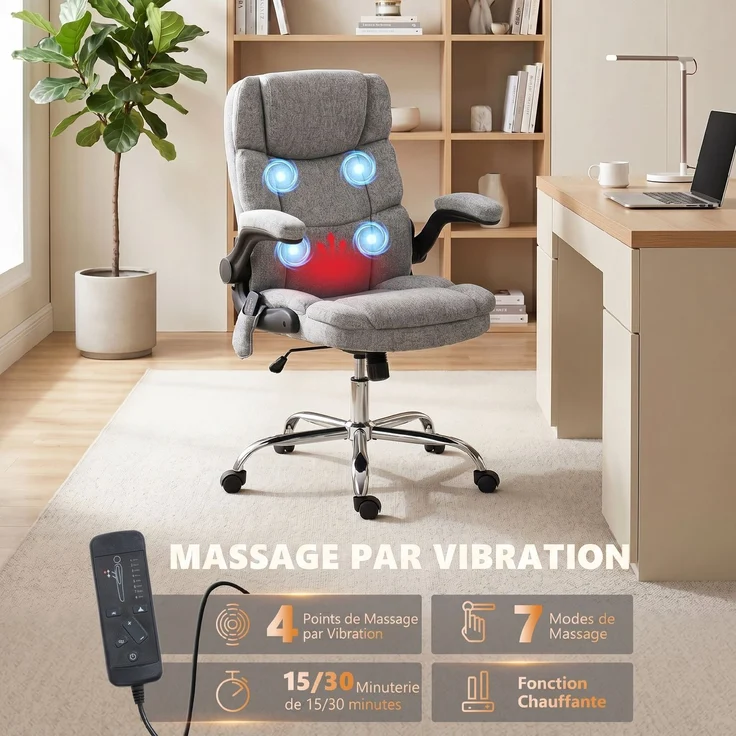 Massage- und Heiz-Bürosessel, ergonomischer Bürostuhl mit Höhenverstellung, Wippfunktion, grau – Bild 6