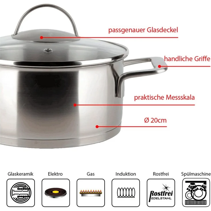 EUROHOME Kochtopf Schmortopf mit Glasdeckel passgenau und induktionsgeeignet, Edelstahl (1-tlg, Kochtopf Edelstahl Ø20 cm), Topf alle Herdarten, Universaltop mit Messskala – Bild 3