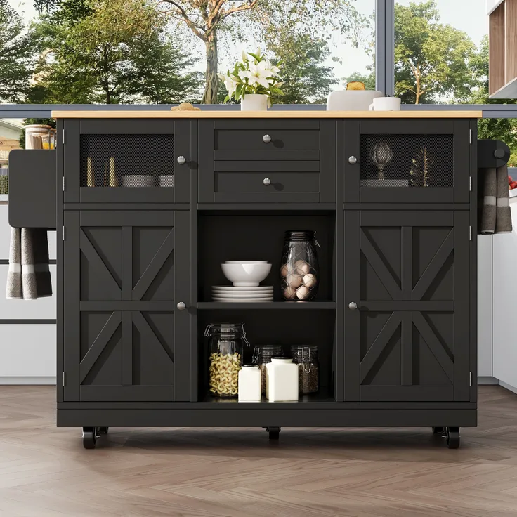Ess- und Servierwagen 140×70 cm Schwarz, ausziehbar, klappbare Seitenwände, 360° Drehfunktion, Metallgriffe, geräumige Schublade, 93.5cmx140cmx40-70cm