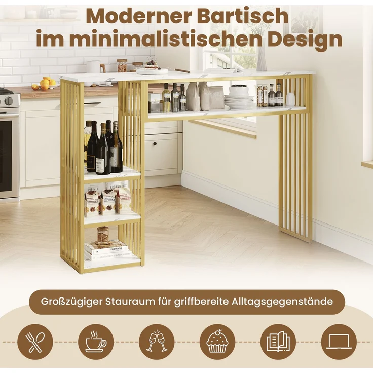 Bartisch mit Ablageflächen, MDF in Marmoroptik, 140x40x105 cm, Weiß/Gold – Bild 6