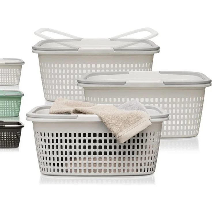 Hausfelder Wäschekorb Wäschewanne 58x37x25cm (Weiß, 3 Körbe, 35 l) (Set, 3 St, 3 x Wäschekörbe), mit klappbaren Henkeln, mit Griffen, 35 Liter – Bild 4