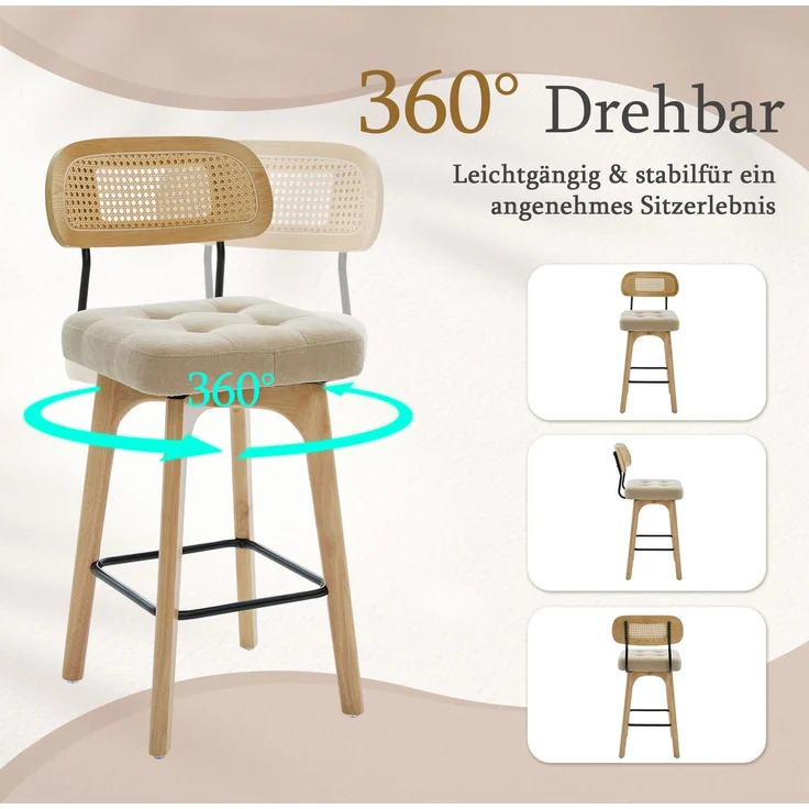 2er-Set um 360° drehbare Barhocker, Küchen- und Frühstücksbarhocker mit Rückenlehne, Rückenlehne aus Rattan mit gepolsterter Sitzfläche, Barhocker im modernen Mid-Century-Stil(Khaki, Chenille)--khaki--51x44x96cm--YOUDENOVA – Bild 4