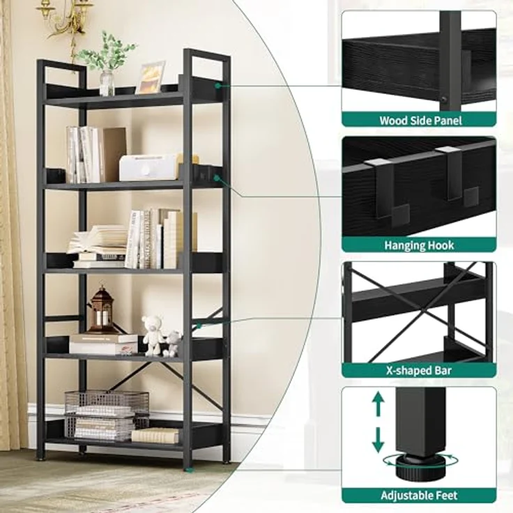 YITAHOME Bücherregal 5 Etagen, Bodenstehendes Bücherregal, Holzregal und stabiles Stahlrahmenregal mit 4 Haken Industrielles Lagerregal für Wohnzimmer, Heimbüro, Schwarz – Bild 5