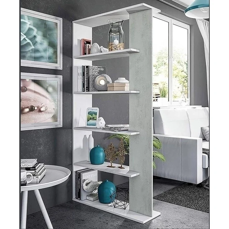 Dmora - Bücherregal Columbia, Doppelseitiges Bücherregal mit 5 Böden, Büro- oder Schlafzimmertrennregal, cm 90x25h180, Weiß und Zement – Bild 1