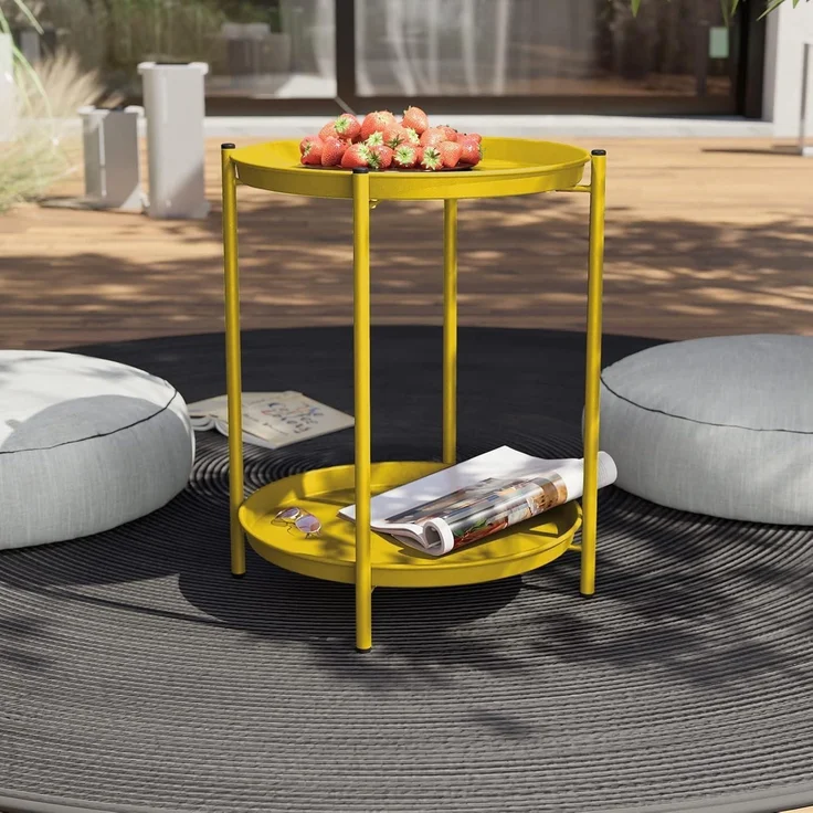 Runder Beistelltisch 2 Ebenen Wohnzimmer Schlafzimmer Garten 45x45x53cm Gelb – Bild 2