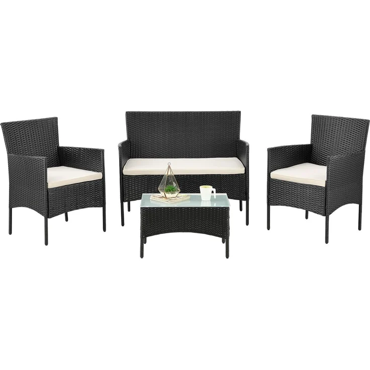 Juskys 'Fort Myers' Gartenmöbel Set mit Tisch, Sofa & 2 Stühlen, Polyrattan, 60x35 cm, Schwarz / Creme – Bild 1