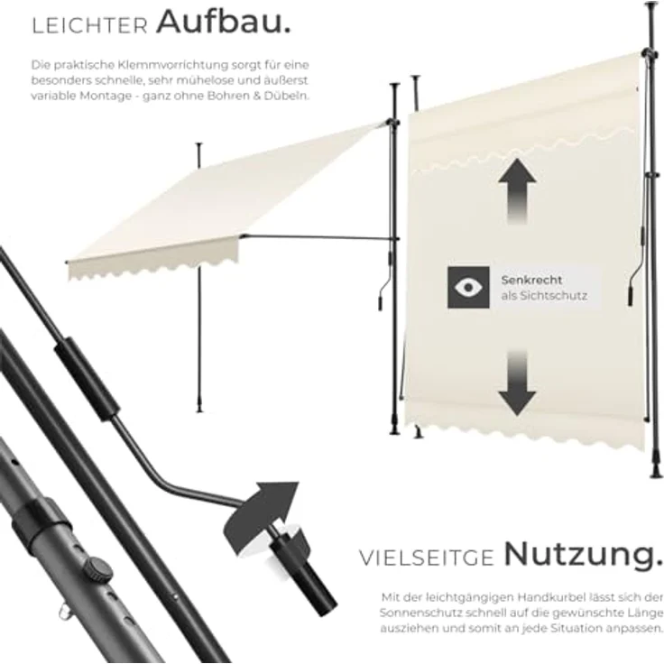 tectake® Klemmmarkise mit Handkurbel, Balkon Markise ohne Bohren, Markise höhenverstellbar, UV-beständig, wasserabweisend, Terrassenüberdachung, Sonnenschutz Terrasse & Balkon, Breite 200 cm - beige – Bild 4