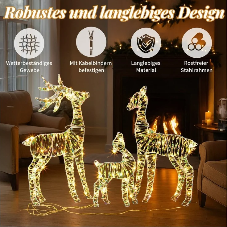 LALAHO Weihnachtsfigur Led Rentier 3Tlg Weihnachtsbeleuchtung, mit 150 LEDs, Rentier Weihnachten Deko für Außen und Innen – Bild 4