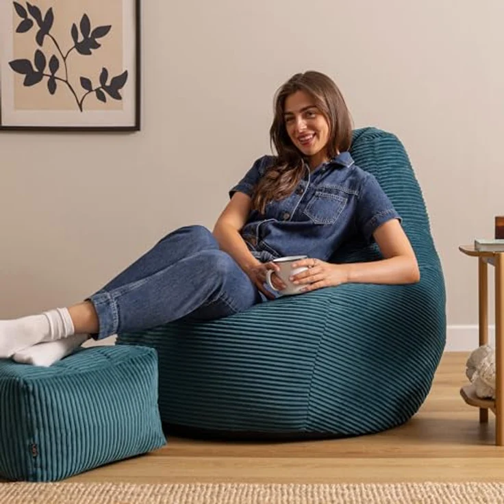 Icon Dalton XXL Sitzsack Cord mit Hocker, Blaugrün, Gaming Sitzsack Erwachsene mit Füllung, Bean Bag, Cord Sessel, Lounge Sessel, Lounge Stuhl, Schlafzimmer, Wohnzimmer, Wohnzimmer Möbel – Bild 3