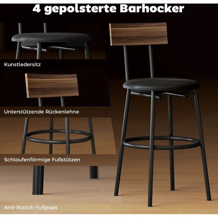 Bartisch-Set aus Holz, 5-teilig mit 4 gepolsterten Hockern, 110x55x90 cm, Braun – Bild 8