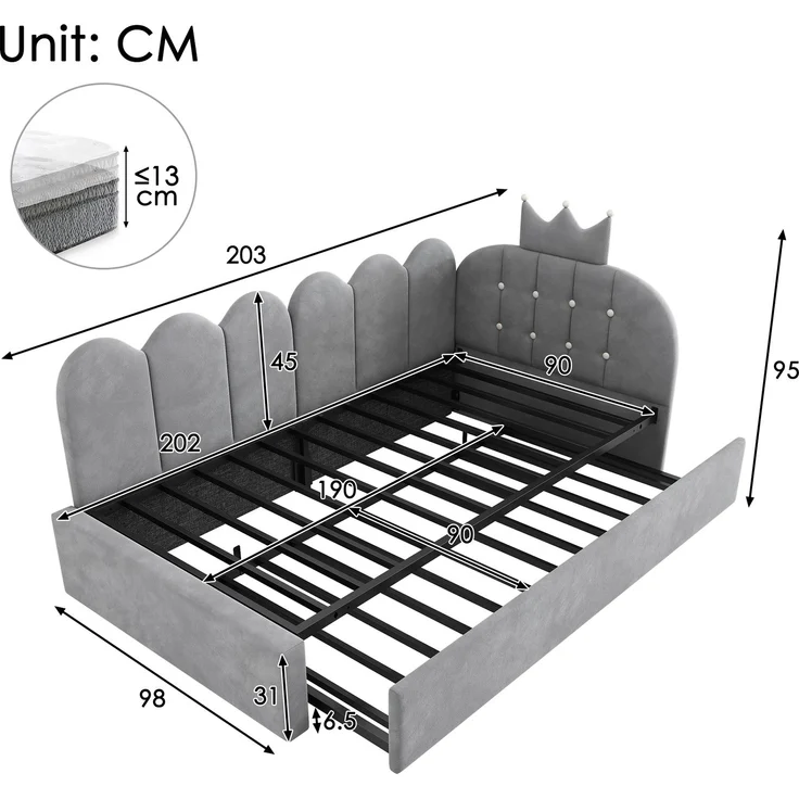 Merax Einzelbett 90x200 cm, Kinderbett, Polsterbett mit 90x190 cm Ausziehbett, Niedliches Kronen- und Gitterdesign, Samt, Grau – Bild 4