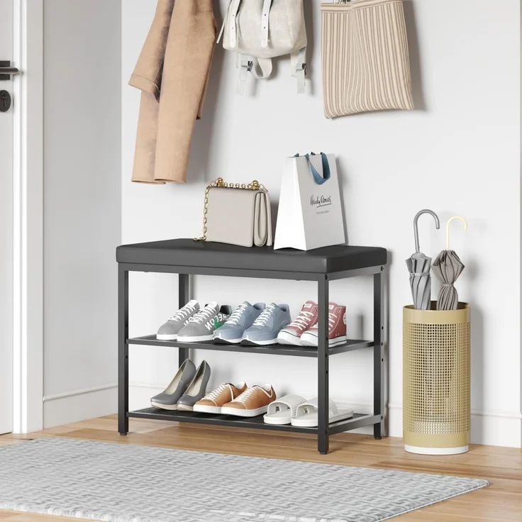 Mondeer Schuhbank mit Gepolsterter Sitzfläche, Schuhregal mit 2 Gitterablagen Höhenverstellbar Platzsparend Industriestil, für Eingang Flur Schlafzimmer, 60 x 30 x 50 cm, Schwarz – Bild 2