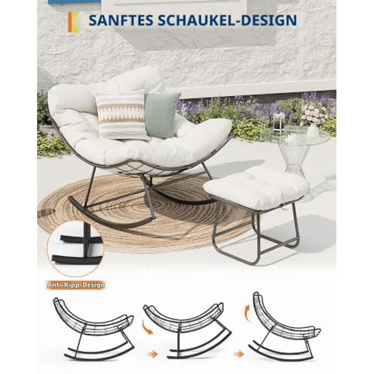 GarveeHome Schaukelstuhl Oversized mit Fußhocker, Schaukelsessel mit dickem Kissen & Metallrahmen, Relaxsessel für Poolside, Garten und Hinterhof, Tragfähigkeit – Bild 5