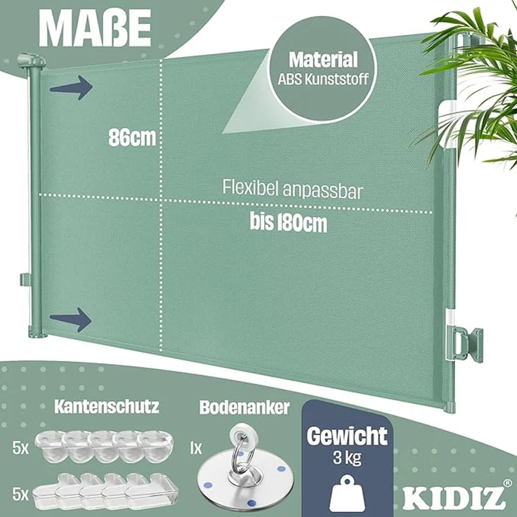 KIDIZ® Treppen- und Türschutzgitter, ausziehbar bis 140/180cm, kindersicheres Treppengitter für Babys, Haustiere, Treppen & Türen, inkl. Bodenanker & Montagezubehör, Dunkelgrün, 180 x 86 cm – Bild 6