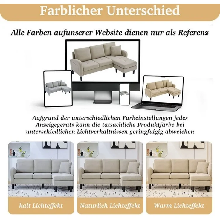 Merax Ecksofa L-förmiges Sofa mit Bettfunktion, Modulares Sofa aus Cordstoff, 1 Teile, 3-Sitzer Sofa mit Chaiselongue, Kissen & Kunststoffbeine, 166x118x77cm – Bild 4