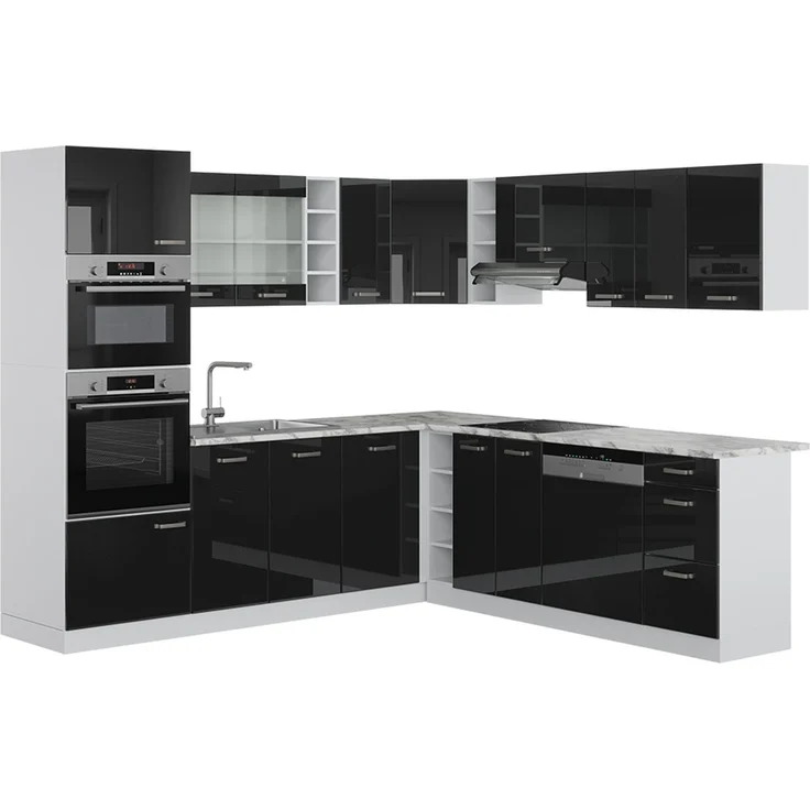 Eckküche R-Line Schwarz Hochglanz/Weiß 247 x 237 cm, AP Marmor Vicco – Bild 1