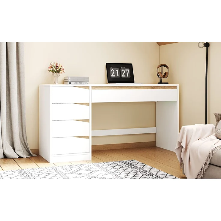 ZUBALIYA Schreibtisch 140x50 cm mit 5 Schubladen, Weiß/Eiche-Optik, Moderner Computertisch mit extra großer Arbeitsfläche, Schminktisch mit Stauraum, Bürotisch für Homeoffice, Schlafzimmer und Arbeitszimmer – Bild 17