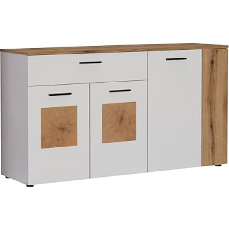 Calicosy Sideboard, Weiß, Holzwerkstoff, 150x83x42 cm, mit 4 Türen und 1 Schubkasten, modern mit Coast Evoke Oak Akzenten