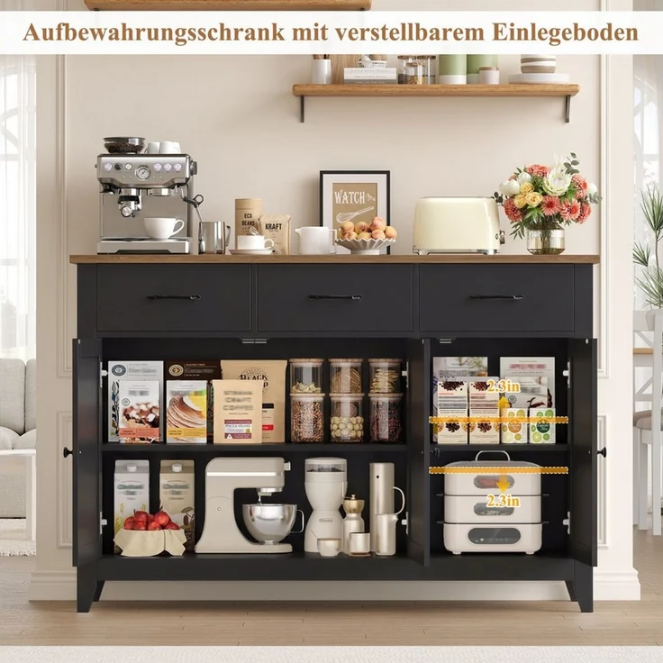 HOMECHO Sideboard, 120 cm Küchenschrank mit verstellbarem Regal, 3 Schubladen – Bild 2