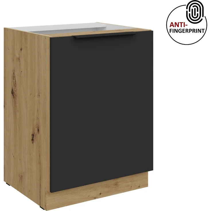 Küchen Unterschrank 60 cm Küche ARIA Schwarz ultra matt + Eiche Artisan matt, hochwertige Fronten mit Anti Fingerprint Beschichtung Küchenzeile Küchenblock