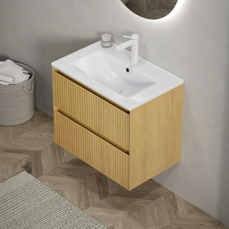 Waschtisch mit Keramikwaschbecken, 2 Soft-Close-Schubladen, 61x39x51,5, Golden Eiche/Weiß – Bild 6