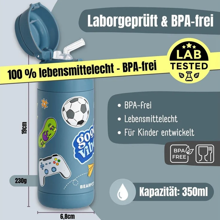 BEARFOOT Trinkflasche Thermo Kinder Trinkflasche Edelstahl - Sticker blau, Thermosflasche, auslaufsicher, Edelstahl, Kinderflasche, BPA-frei – Bild 4